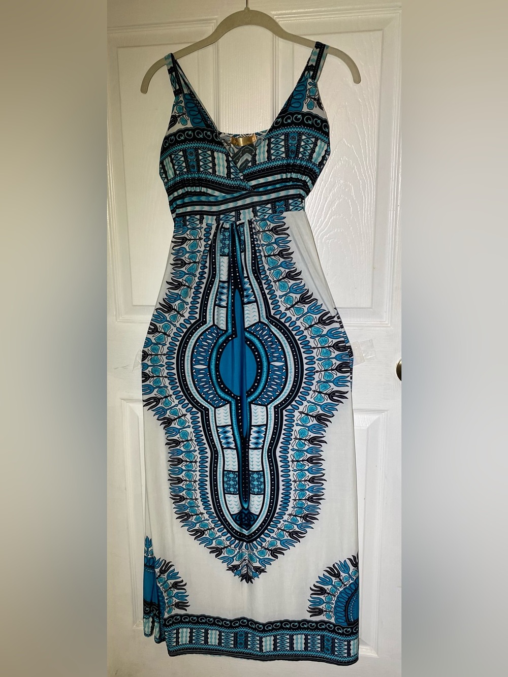 Blue & White Maxi Dress with Ethnic Print